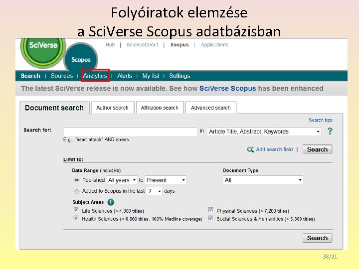 Folyóiratok elemzése a Sci. Verse Scopus adatbázisban 38/21 