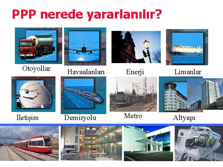 PPP nerede yararlanılır? Otoyollar İletişim Havaalanları Demiryolu Enerji Limanlar Metro Altyapı 
