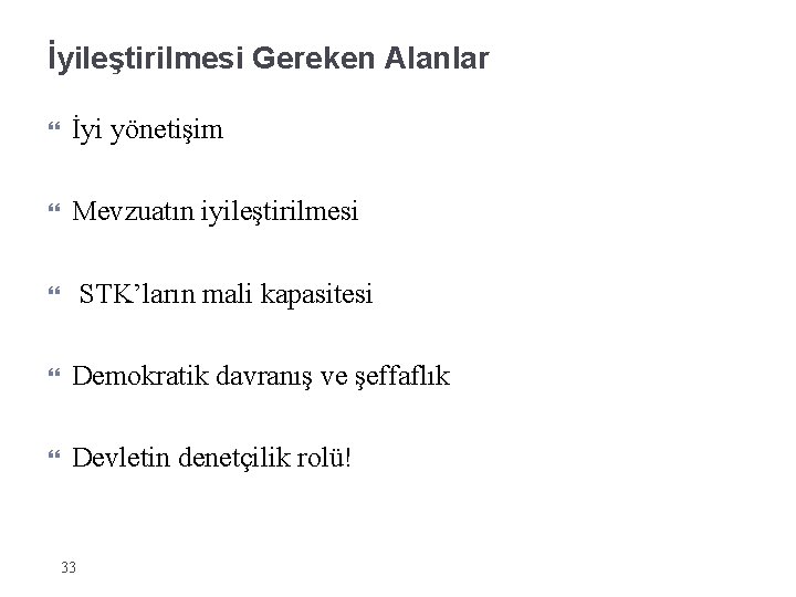 İyileştirilmesi Gereken Alanlar İyi yönetişim Mevzuatın iyileştirilmesi STK’ların mali kapasitesi Demokratik davranış ve şeffaflık