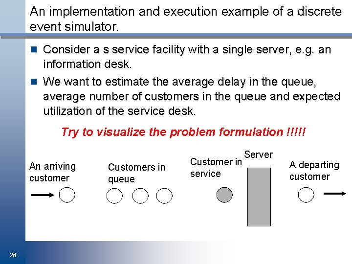 An implementation and execution example of a discrete event simulator. n Consider a s