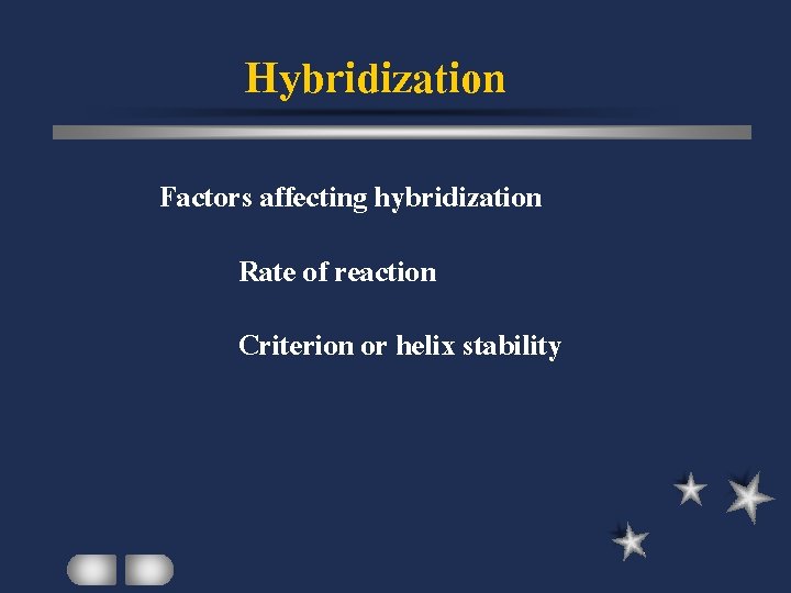 Hybridization Factors affecting hybridization Rate of reaction Criterion or helix stability 