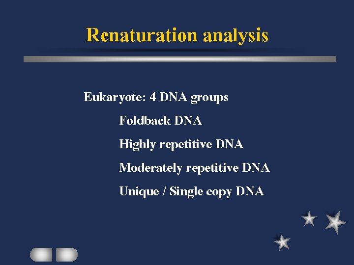 Renaturation analysis Eukaryote: 4 DNA groups Foldback DNA Highly repetitive DNA Moderately repetitive DNA