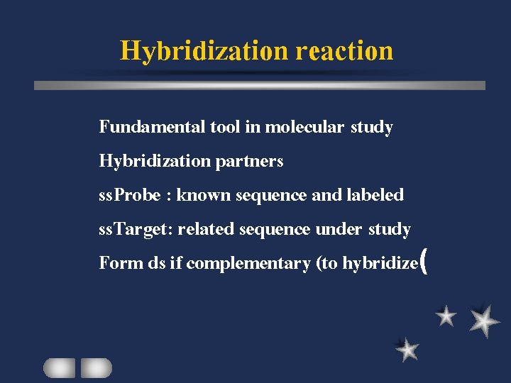 Hybridization reaction Fundamental tool in molecular study Hybridization partners ss. Probe : known sequence