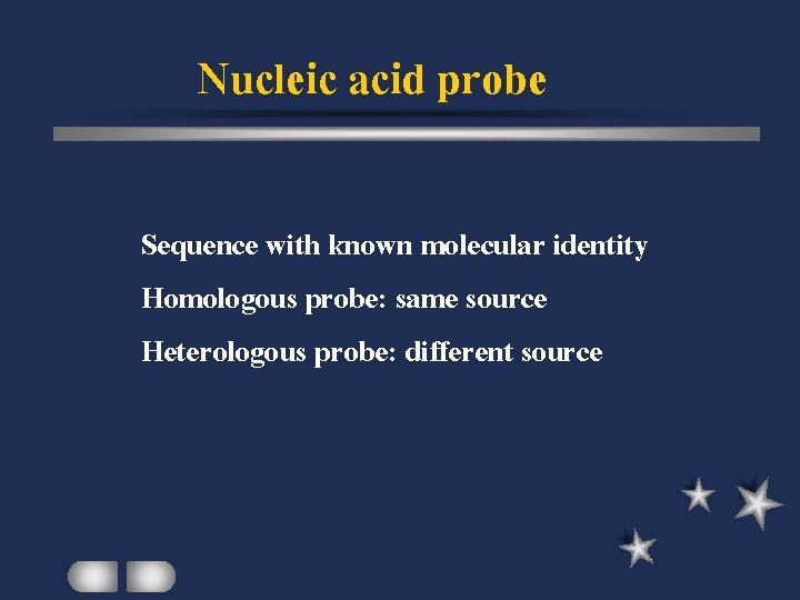 Nucleic acid probe Sequence with known molecular identity Homologous probe: same source Heterologous probe: