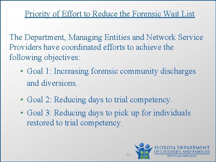 Priority of Effort to Reduce the Forensic Wait List The Department, Managing Entities and