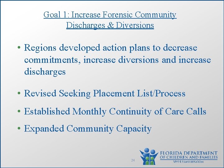 Goal 1: Increase Forensic Community Discharges & Diversions • Regions developed action plans to