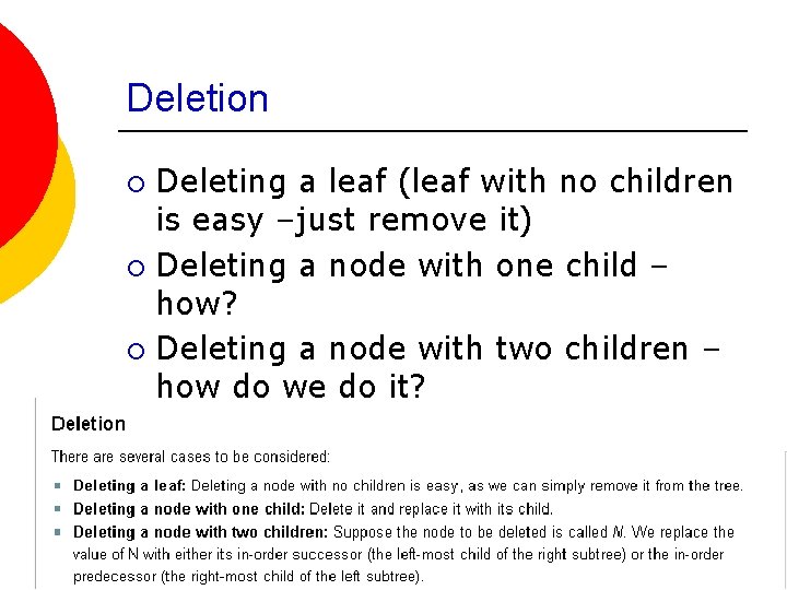 Deletion Deleting a leaf (leaf with no children is easy –just remove it) ¡ Deletion Deleting a leaf (leaf with no children is easy –just remove it) ¡