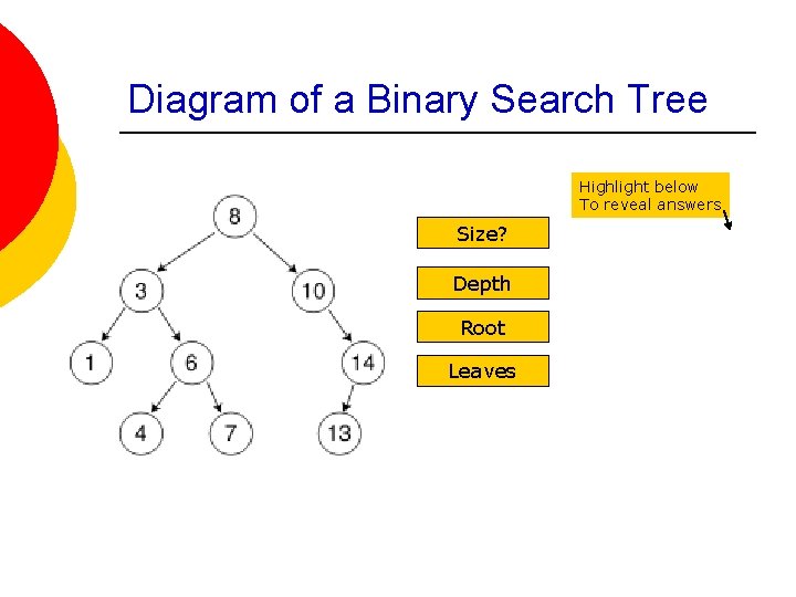 Diagram of a Binary Search Tree Highlight below To reveal answers Size? 9 Depth Diagram of a Binary Search Tree Highlight below To reveal answers Size? 9 Depth