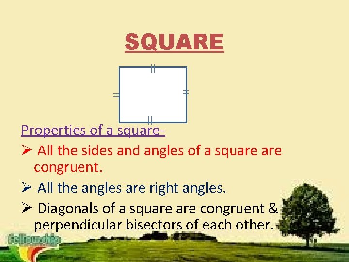 SQUARE Properties of a squareØ All the sides and angles of a square congruent.