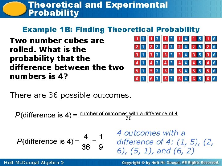 Theoretical and Experimental Probability Example 1 B: Finding Theoretical Probability Two number cubes are