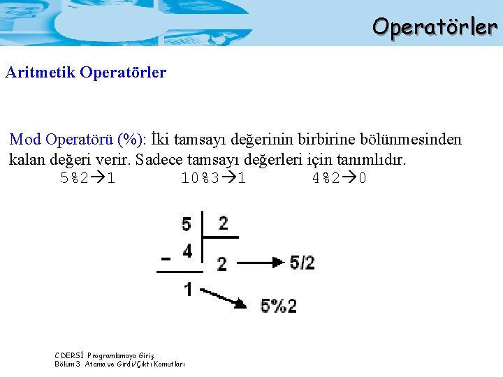 Operatörler Aritmetik Operatörler Mod Operatörü (%): İki tamsayı değerinin birbirine bölünmesinden kalan değeri verir.