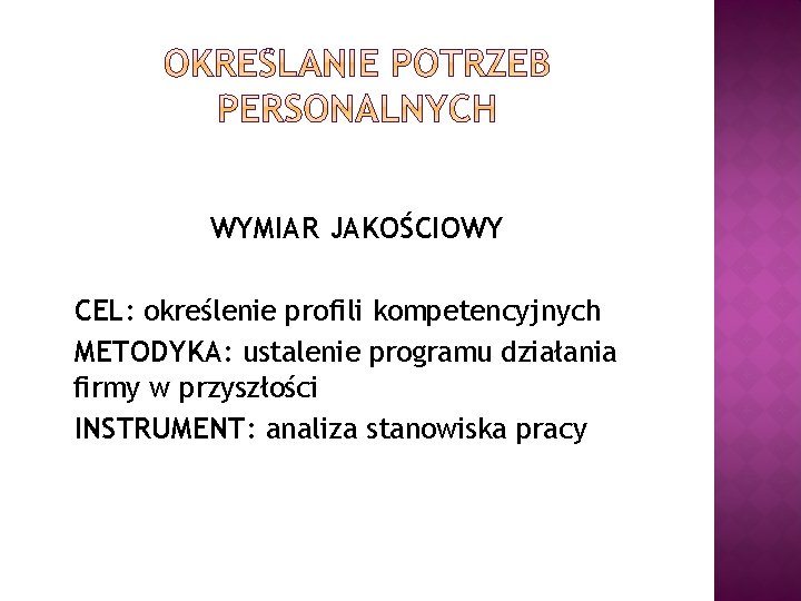 WYMIAR JAKOŚCIOWY CEL: określenie profili kompetencyjnych METODYKA: ustalenie programu działania firmy w przyszłości INSTRUMENT: