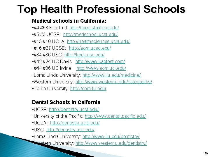 Top Health Professional Schools Medical schools in California: • #4 #63 Stanford: http: //med.
