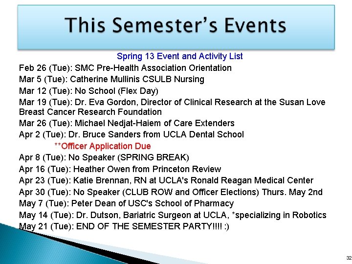 Spring 13 Event and Activity List Feb 26 (Tue): SMC Pre-Health Association Orientation Mar