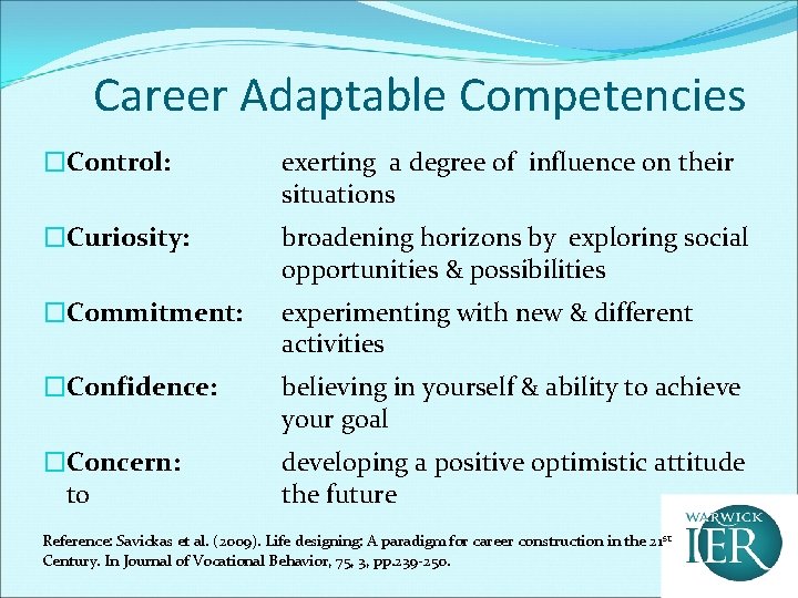 Career Adaptable Competencies �Control: exerting a degree of influence on their situations �Curiosity: broadening