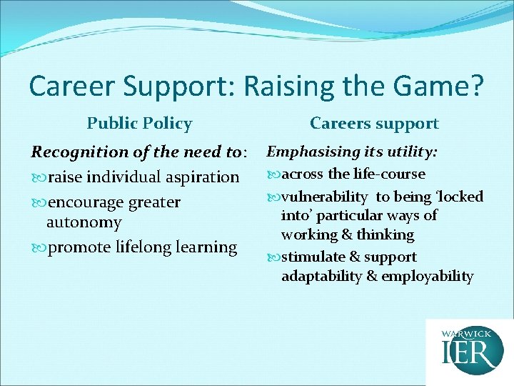 Career Support: Raising the Game? Public Policy Careers support Recognition of the need to: