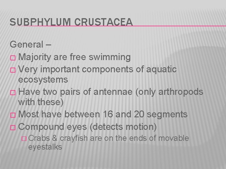 SUBPHYLUM CRUSTACEA General – � Majority are free swimming � Very important components of