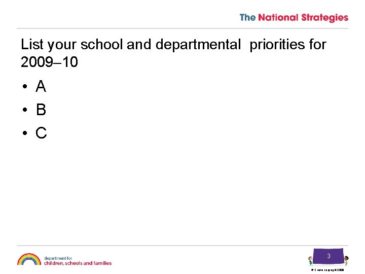 List your school and departmental priorities for 2009– 10 • A • B •