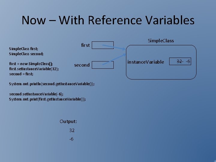 Now – With Reference Variables first Simple. Class first; Simple. Class second; first = Now – With Reference Variables first Simple. Class first; Simple. Class second; first =