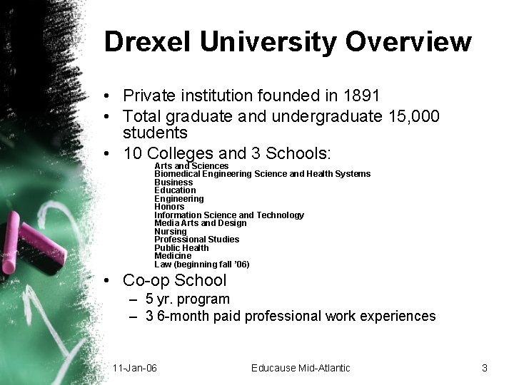 Drexel University Overview • Private institution founded in 1891 • Total graduate and undergraduate Drexel University Overview • Private institution founded in 1891 • Total graduate and undergraduate