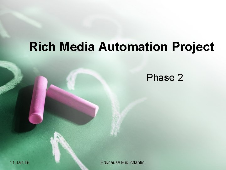 Rich Media Automation Project Phase 2 11 -Jan-06 Educause Mid-Atlantic Rich Media Automation Project Phase 2 11 -Jan-06 Educause Mid-Atlantic