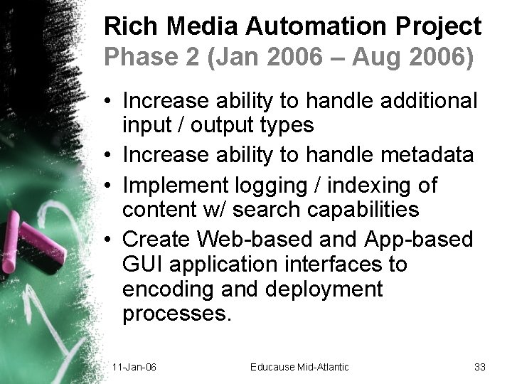 Rich Media Automation Project Phase 2 (Jan 2006 – Aug 2006) • Increase ability Rich Media Automation Project Phase 2 (Jan 2006 – Aug 2006) • Increase ability