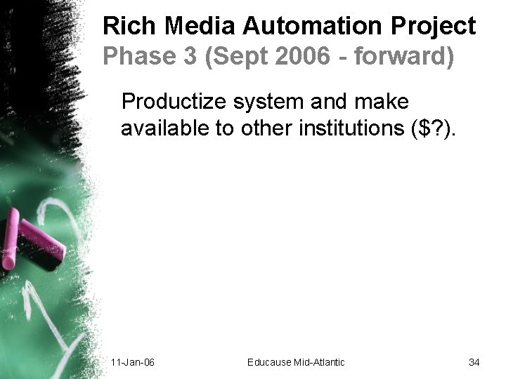 Rich Media Automation Project Phase 3 (Sept 2006 - forward) Productize system and make Rich Media Automation Project Phase 3 (Sept 2006 - forward) Productize system and make
