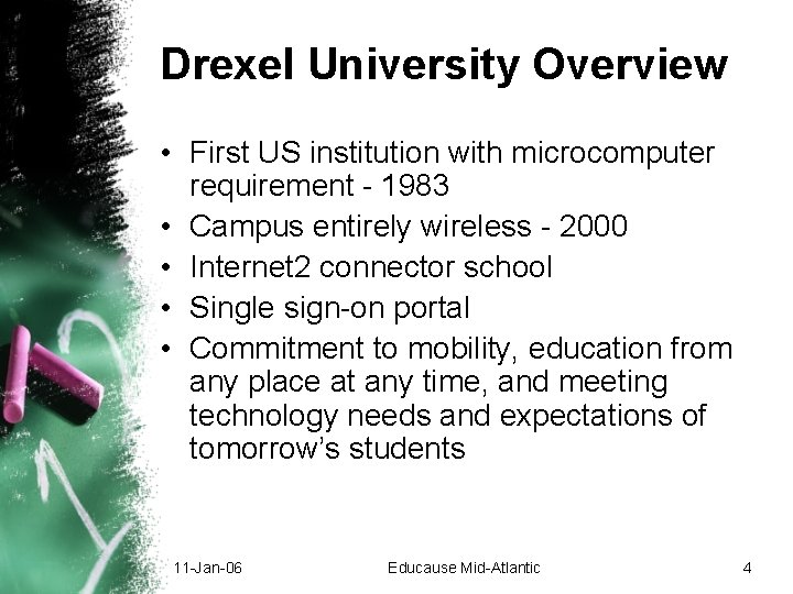 Drexel University Overview • First US institution with microcomputer requirement - 1983 • Campus Drexel University Overview • First US institution with microcomputer requirement - 1983 • Campus
