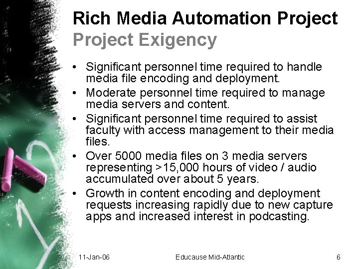 Rich Media Automation Project Exigency • Significant personnel time required to handle media file Rich Media Automation Project Exigency • Significant personnel time required to handle media file