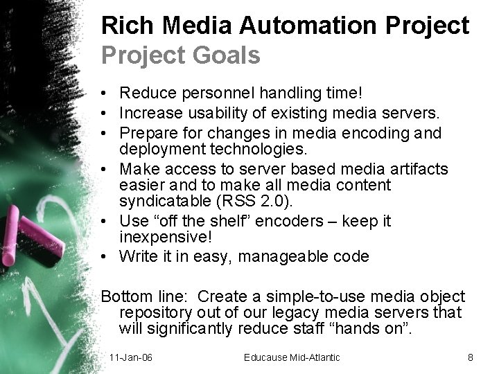Rich Media Automation Project Goals • Reduce personnel handling time! • Increase usability of Rich Media Automation Project Goals • Reduce personnel handling time! • Increase usability of