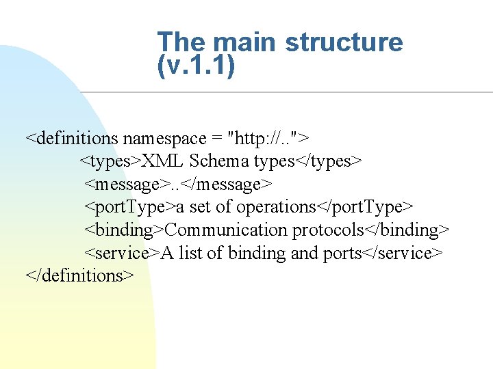 The main structure (v. 1. 1) <definitions namespace = "http: //. . "> <types>XML