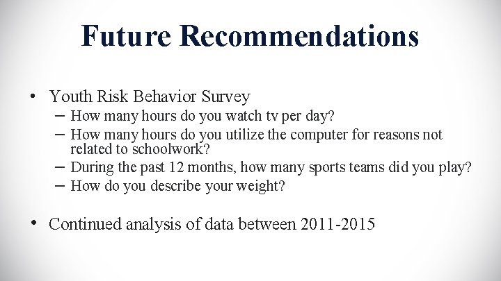 Future Recommendations • Youth Risk Behavior Survey – How many hours do you watch