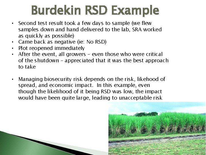 Burdekin RSD Example • Second test result took a few days to sample (we