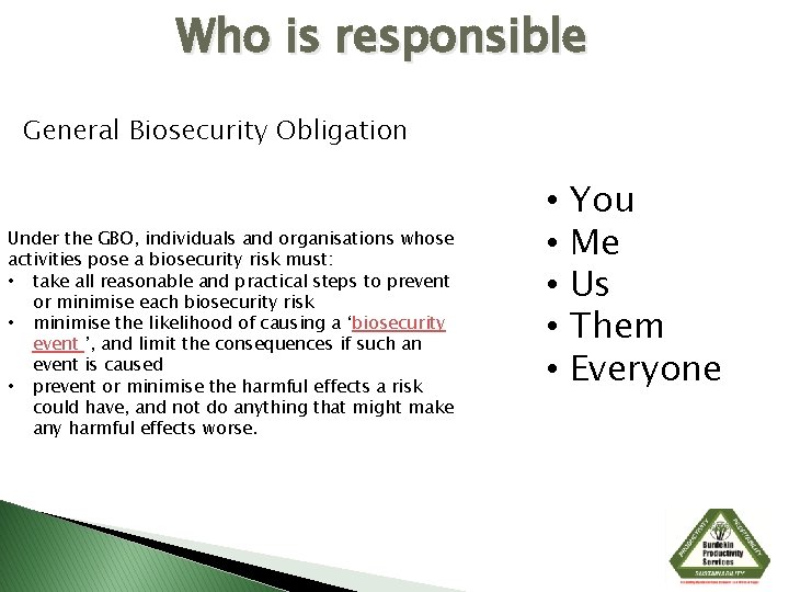 Who is responsible General Biosecurity Obligation Under the GBO, individuals and organisations whose activities