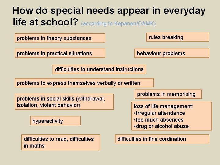 How do special needs appear in everyday life at school? (according to Kepanen/OAMK) rules