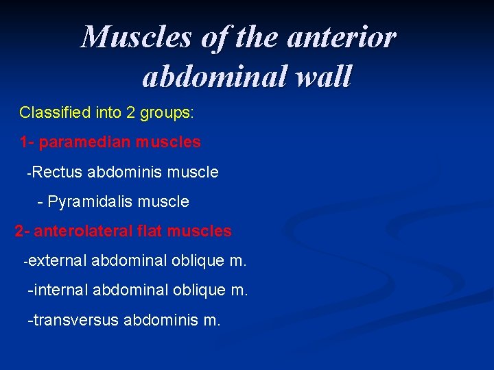 Muscles of the anterior abdominal wall Classified into 2 groups: 1 - paramedian muscles Muscles of the anterior abdominal wall Classified into 2 groups: 1 - paramedian muscles