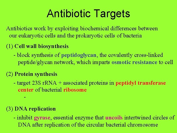 Antibiotic Targets Antibiotics work by exploiting biochemical differences between our eukaryotic cells and the