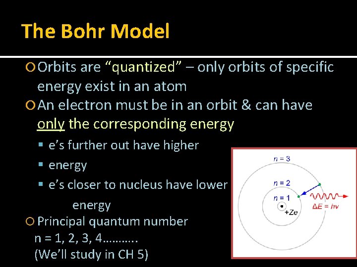 The Bohr Model Orbits are “quantized” – only orbits of specific energy exist in