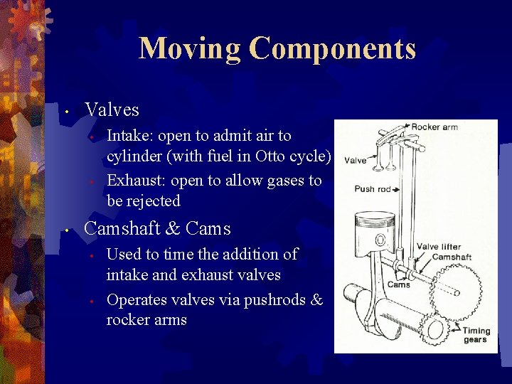 Moving Components • Valves • • • Intake: open to admit air to cylinder