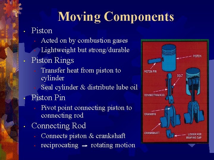 Moving Components • Piston • • • Piston Rings • • • Transfer heat