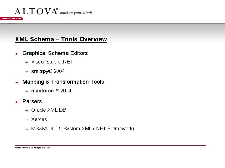 XML Schema – Tools Overview ► ► Graphical Schema Editors à Visual Studio. NET