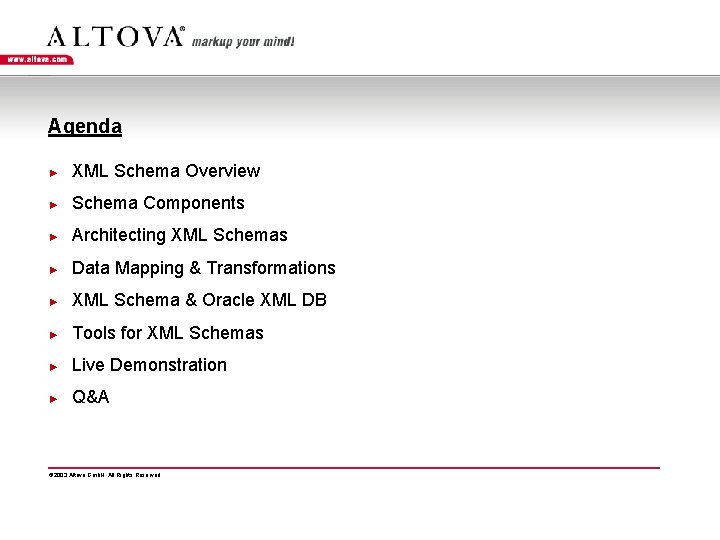 Agenda ► XML Schema Overview ► Schema Components ► Architecting XML Schemas ► Data