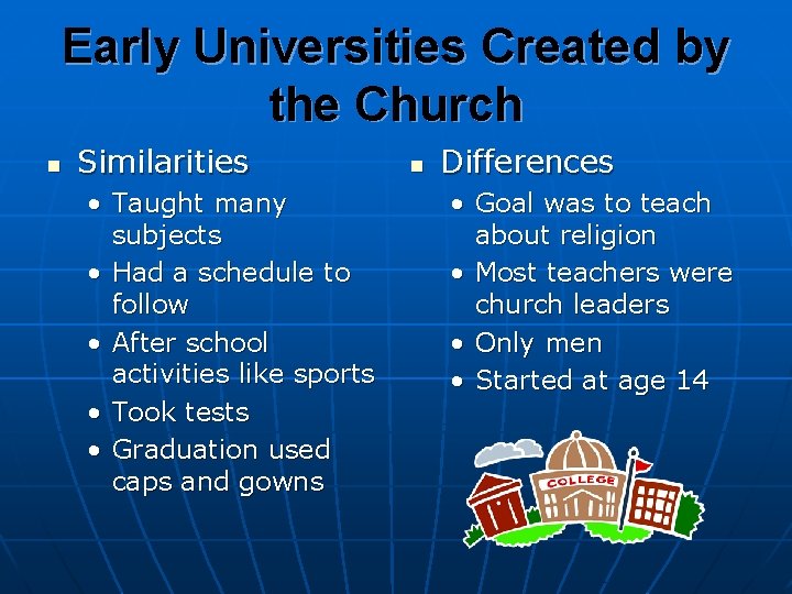 Early Universities Created by the Church n Similarities • Taught many subjects • Had