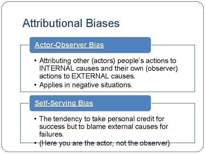 Attributional Biases Actor-Observer Bias • Attributing other (actors) people’s actions to INTERNAL causes and