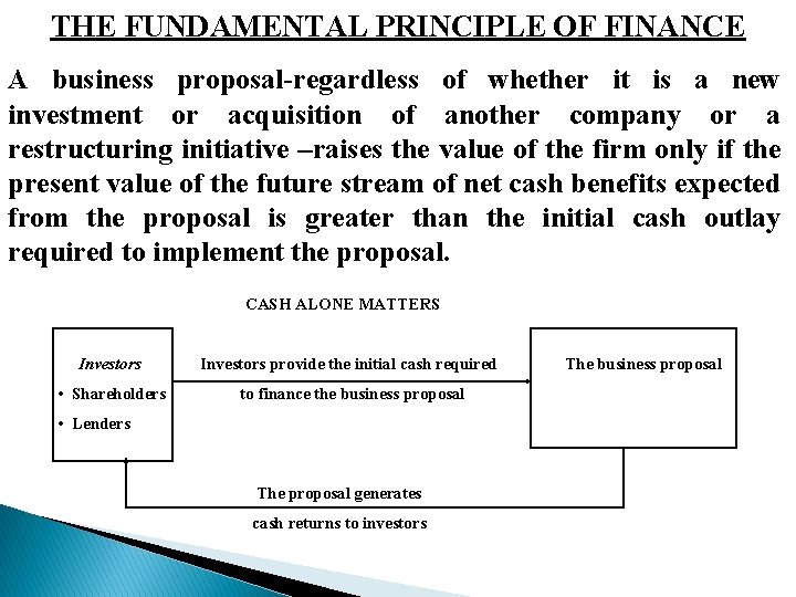 THE FUNDAMENTAL PRINCIPLE OF FINANCE A business proposal-regardless of whether it is a new