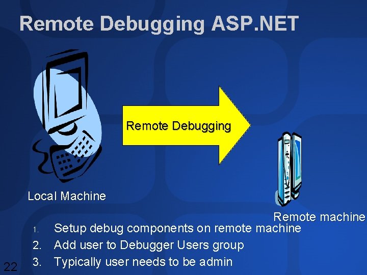 Remote Debugging ASP. NET Remote Debugging Local Machine 22 Remote machine 1. Setup debug Remote Debugging ASP. NET Remote Debugging Local Machine 22 Remote machine 1. Setup debug