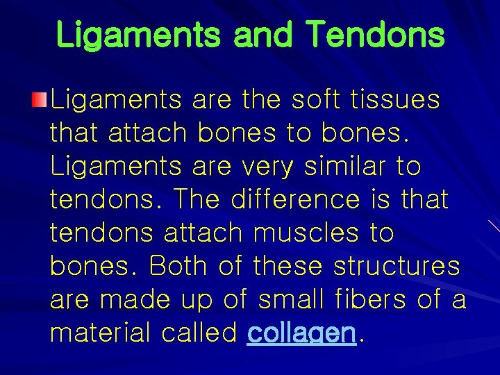 Ligaments and Tendons Ligaments are the soft tissues that attach bones to bones. Ligaments