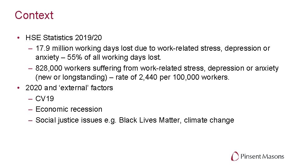 Context • HSE Statistics 2019/20 – 17. 9 million working days lost due to