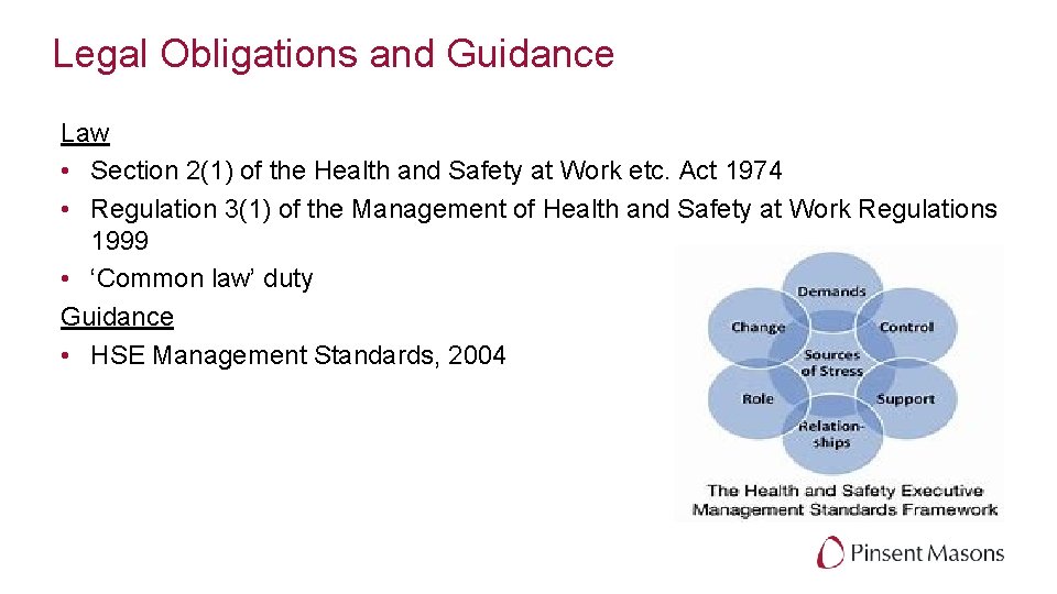 Legal Obligations and Guidance Law • Section 2(1) of the Health and Safety at