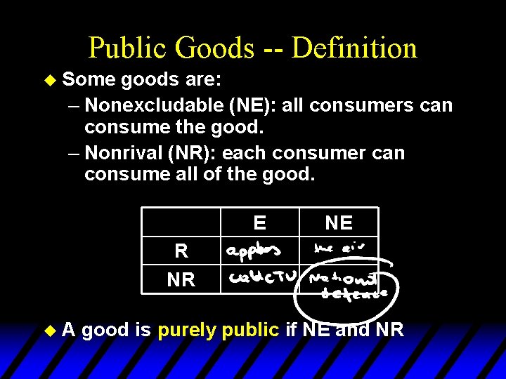 Public Goods -- Definition u Some goods are: – Nonexcludable (NE): all consumers can